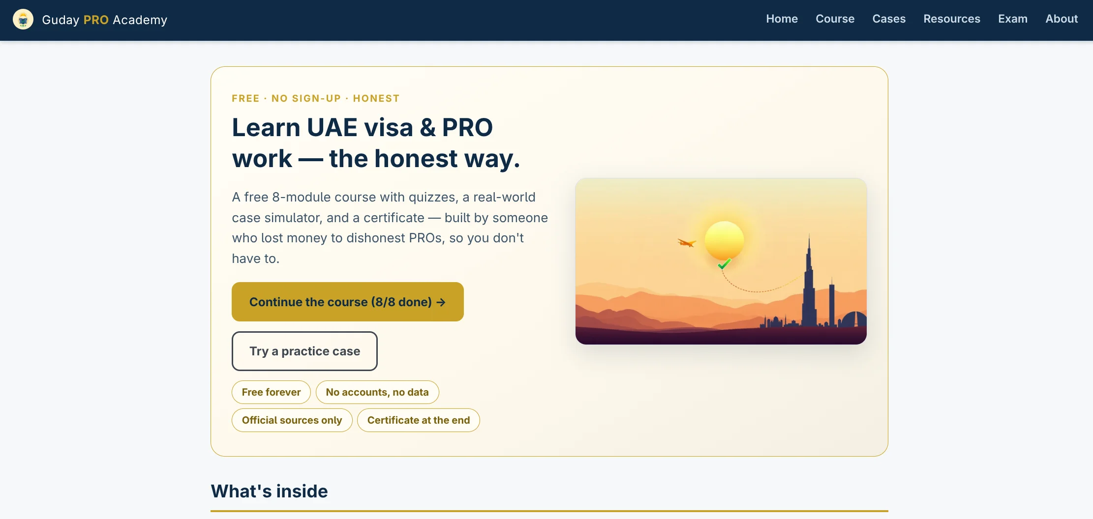 Guday PRO Academy home page: Learn UAE visa and PRO work the honest way, with course and practice case buttons