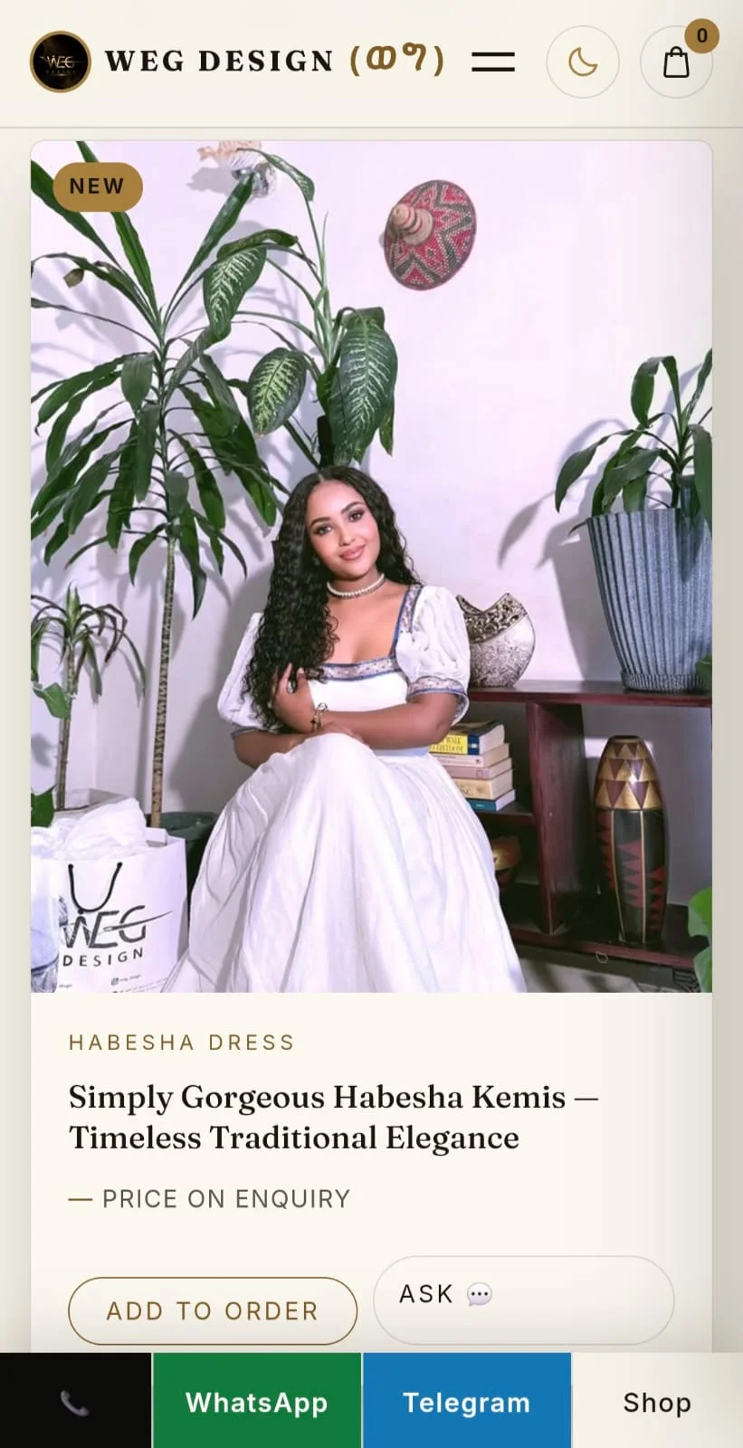 WEG Design product card on a phone — Simply Gorgeous Habesha Kemis, with Add to order and Ask buttons